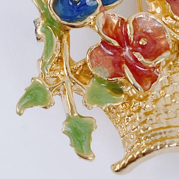 Vintage 60s Brooch Enamel Flower Basket Mid Century Jewelry Gold Tone Garden Pin - Picture 5 of 8